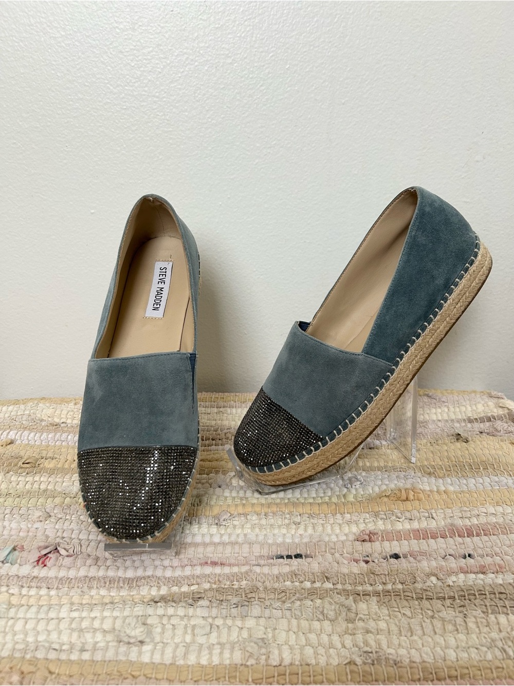 Steve Madden PULSSE Blue Suede Rhinestone Espadrille Flats Size 8